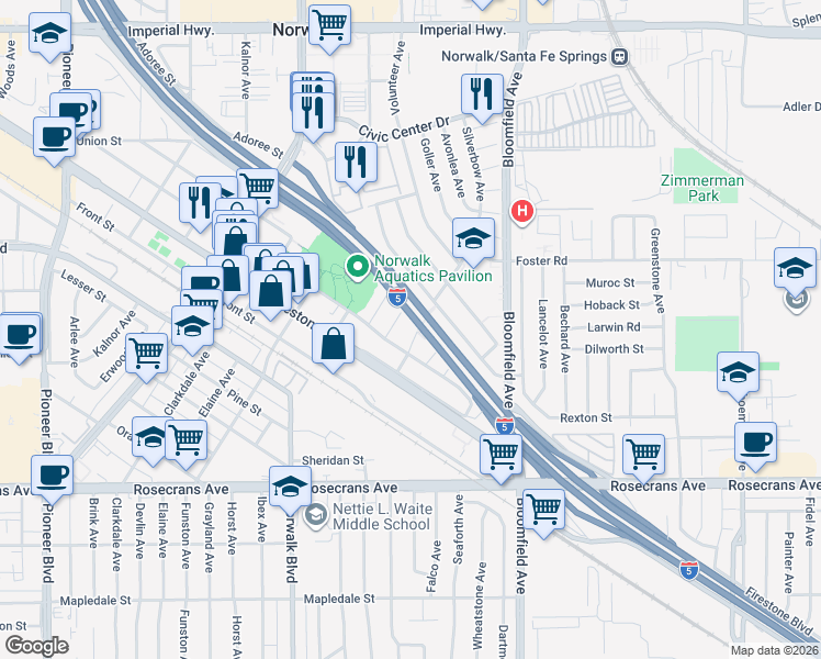 map of restaurants, bars, coffee shops, grocery stores, and more near 13601 Silverbow Avenue in Norwalk