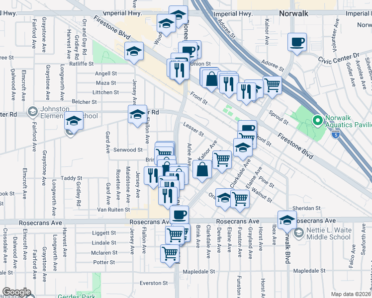 map of restaurants, bars, coffee shops, grocery stores, and more near 13653 Arlee Avenue in Norwalk