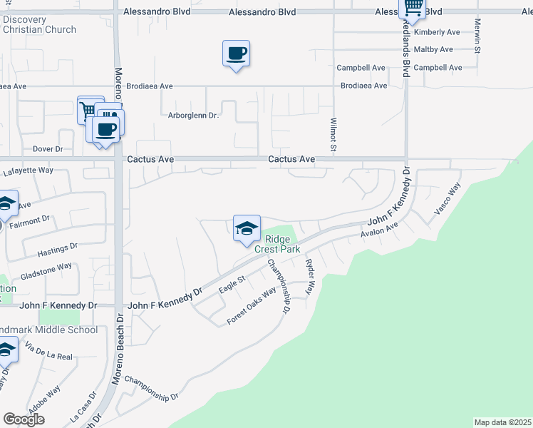 map of restaurants, bars, coffee shops, grocery stores, and more near 28440 Grandview Drive in Moreno Valley