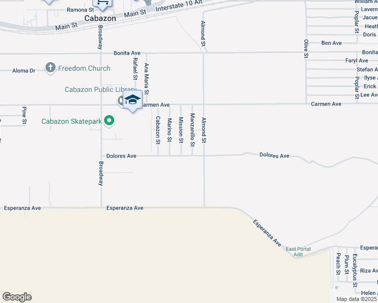 map of restaurants, bars, coffee shops, grocery stores, and more near 14737 Manzanillo Street in Cabazon