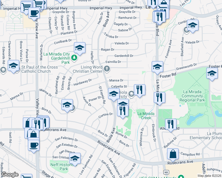 map of restaurants, bars, coffee shops, grocery stores, and more near 13632 Biola Avenue in La Mirada