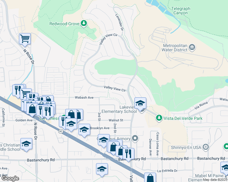 map of restaurants, bars, coffee shops, grocery stores, and more near 3780 Bidwell Drive in Yorba Linda