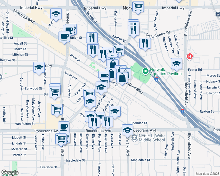 map of restaurants, bars, coffee shops, grocery stores, and more near 12045 Foster Road in Norwalk