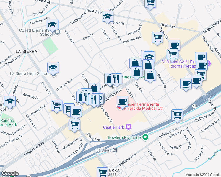 map of restaurants, bars, coffee shops, grocery stores, and more near 10759 Magnolia Avenue in Riverside