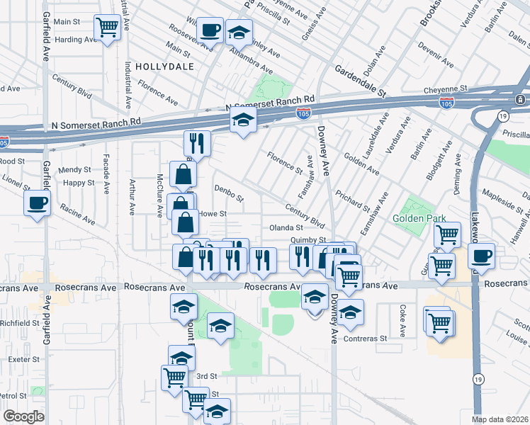 map of restaurants, bars, coffee shops, grocery stores, and more near 13942 Anderson Street in Paramount
