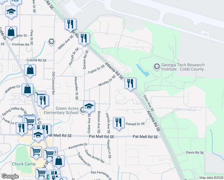 map of restaurants, bars, coffee shops, grocery stores, and more near 1865 Harold Avenue Southeast in Smyrna