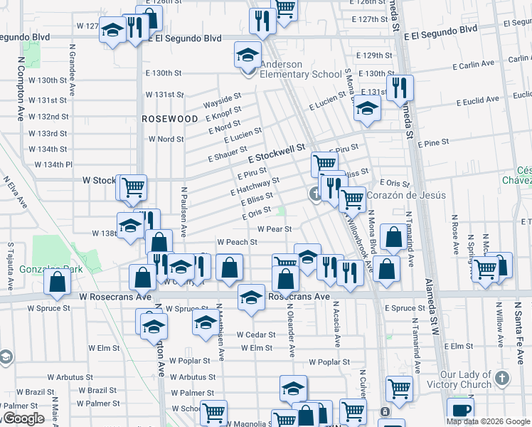 map of restaurants, bars, coffee shops, grocery stores, and more near 2130 East Oris Street in Compton