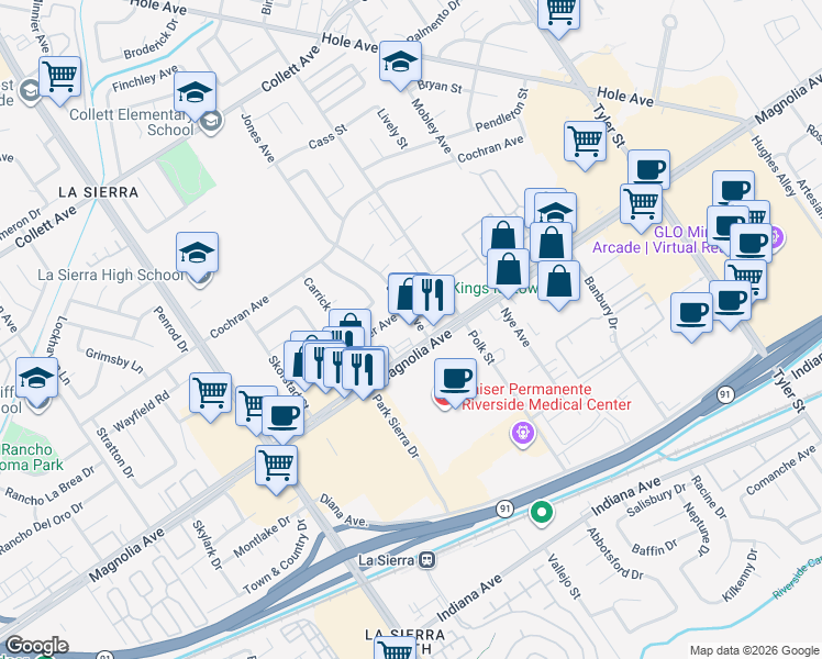 map of restaurants, bars, coffee shops, grocery stores, and more near 10759 Magnolia Avenue in Riverside