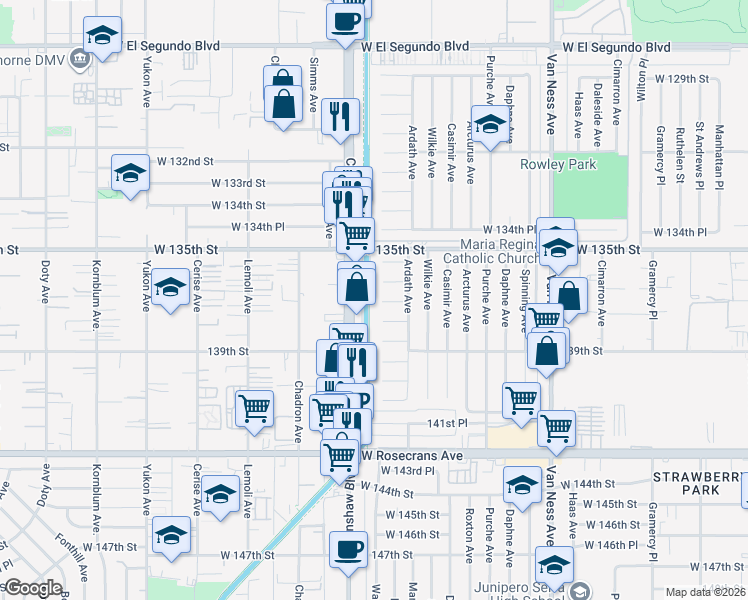 map of restaurants, bars, coffee shops, grocery stores, and more near 2931 137th Street in Gardena