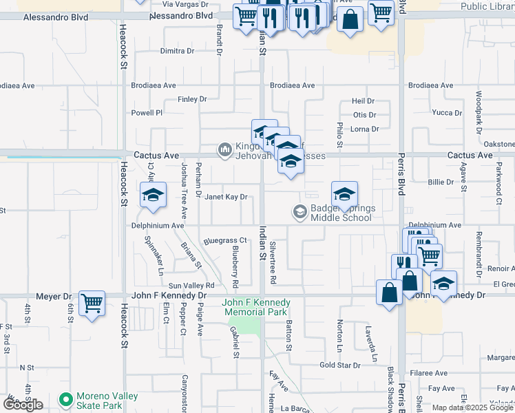 map of restaurants, bars, coffee shops, grocery stores, and more near 14696 Carla Jean Drive in Moreno Valley
