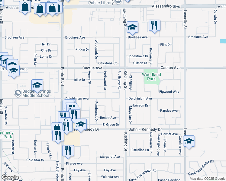 map of restaurants, bars, coffee shops, grocery stores, and more near 25412 Clovelly Court in Moreno Valley