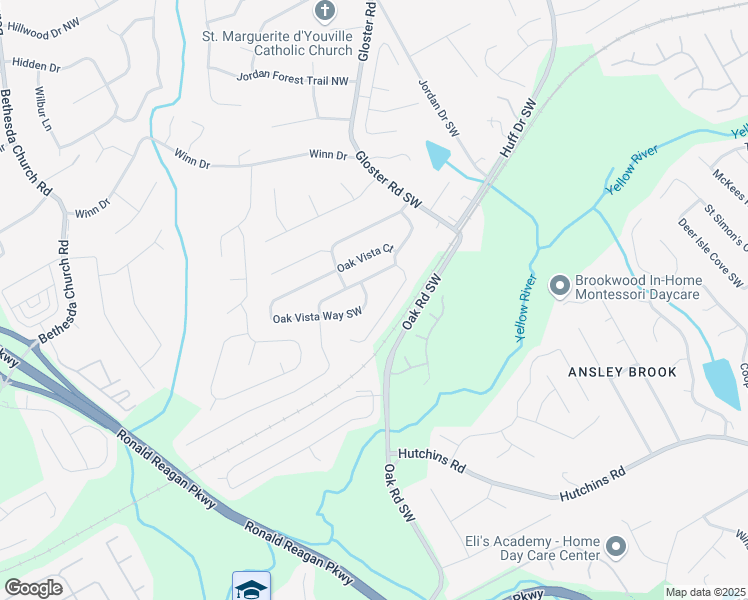 map of restaurants, bars, coffee shops, grocery stores, and more near 2832 Oak Vista Way Southwest in Lawrenceville