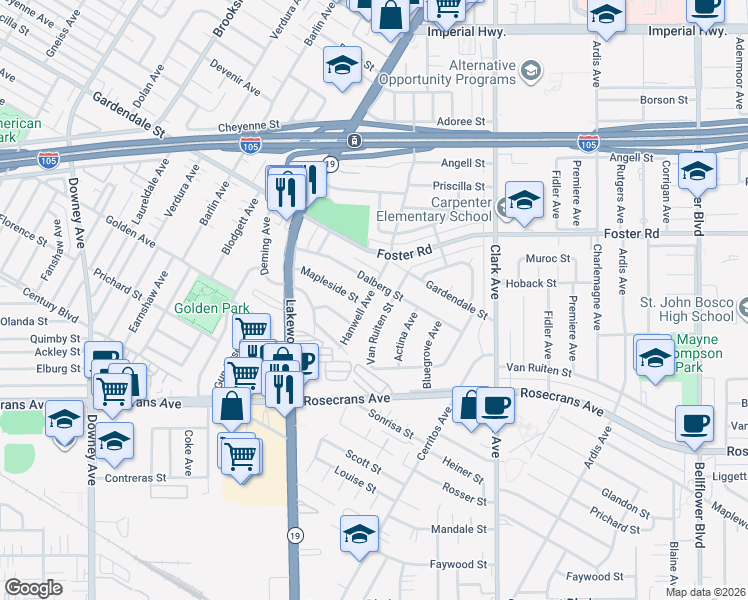 map of restaurants, bars, coffee shops, grocery stores, and more near 9149 Mapleside Street in Bellflower