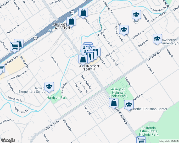 map of restaurants, bars, coffee shops, grocery stores, and more near 9509 Hermitage Lane in Riverside