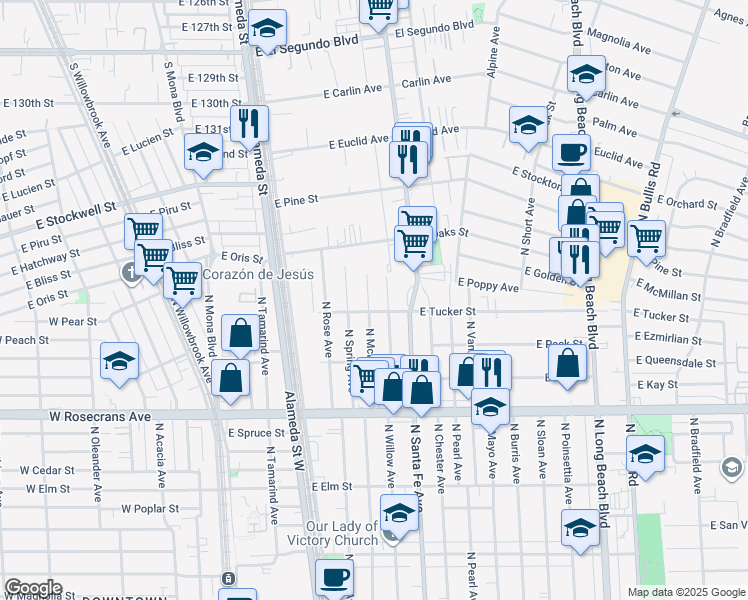 map of restaurants, bars, coffee shops, grocery stores, and more near 1710 North McDivitt Avenue in Compton