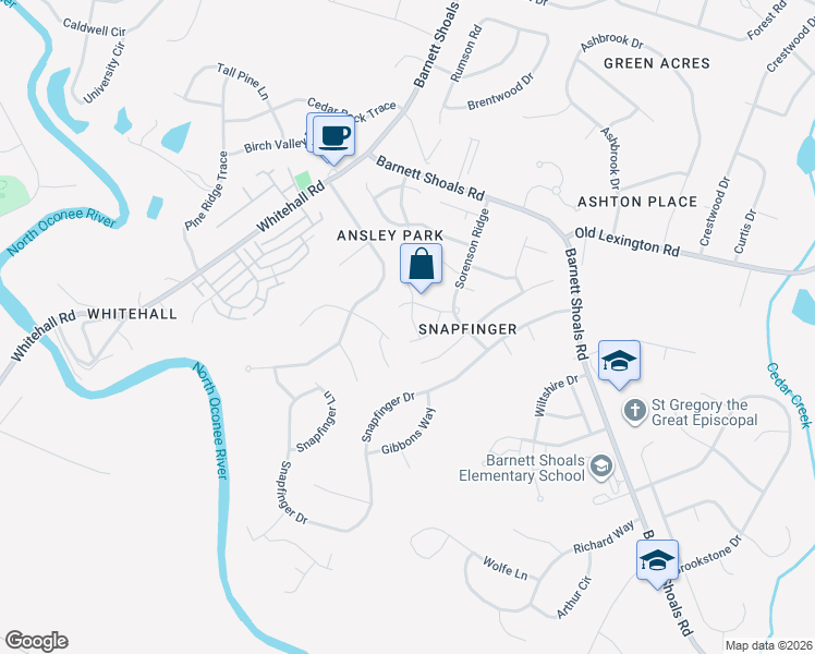 map of restaurants, bars, coffee shops, grocery stores, and more near 166 Sorenson Way in Athens