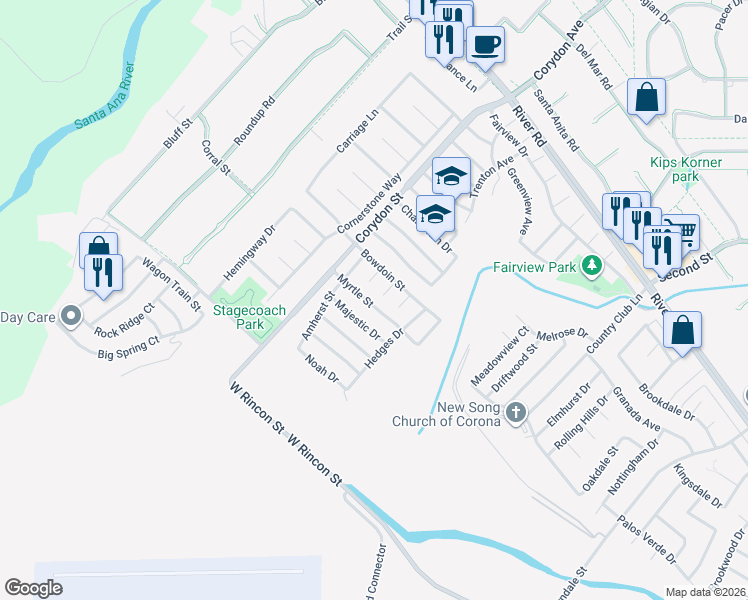 map of restaurants, bars, coffee shops, grocery stores, and more near 1819 Myrtle Street in Corona