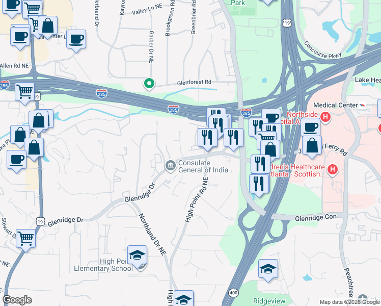 map of restaurants, bars, coffee shops, grocery stores, and more near 655 Lockton Place in Atlanta