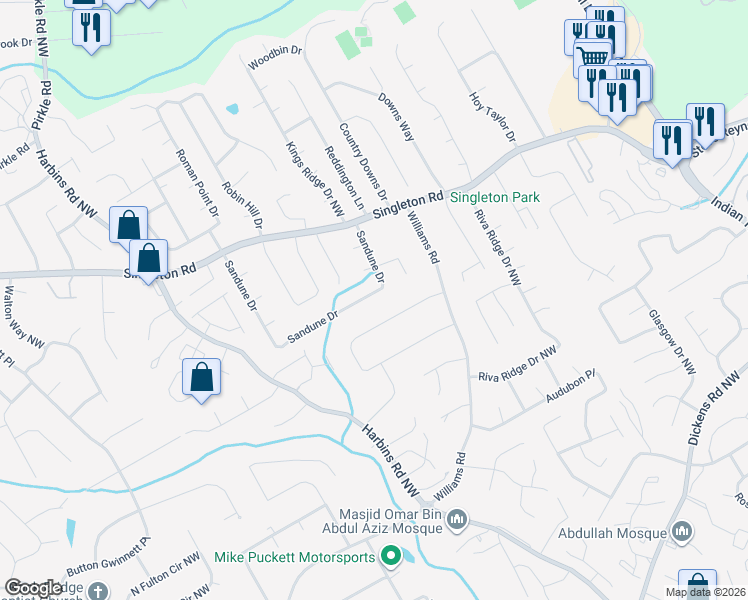 map of restaurants, bars, coffee shops, grocery stores, and more near 1163 Sandune Drive in Norcross