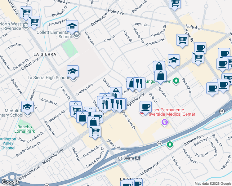 map of restaurants, bars, coffee shops, grocery stores, and more near 10811 Mercer Avenue in Riverside