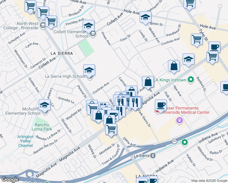 map of restaurants, bars, coffee shops, grocery stores, and more near 3935 Furlong Street in Riverside