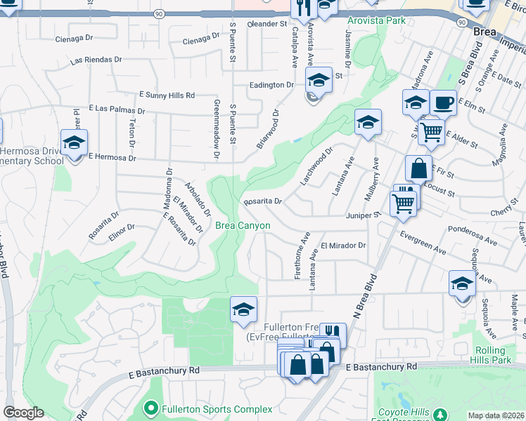 map of restaurants, bars, coffee shops, grocery stores, and more near 801 Bernard Drive in Fullerton