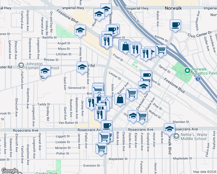 map of restaurants, bars, coffee shops, grocery stores, and more near 13653 Arlee Avenue in Norwalk