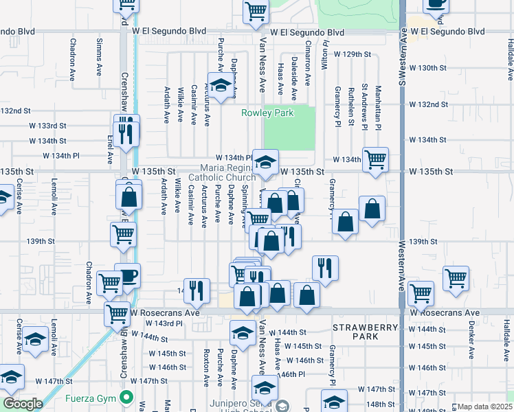 map of restaurants, bars, coffee shops, grocery stores, and more near 13616 Spinning Avenue in Gardena