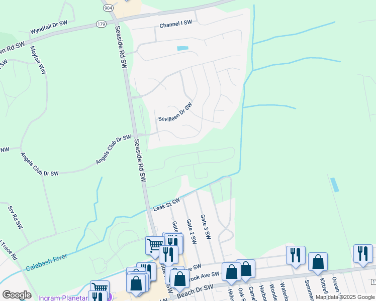 map of restaurants, bars, coffee shops, grocery stores, and more near 1253 Seaside Road Southwest in Ocean Isle Beach