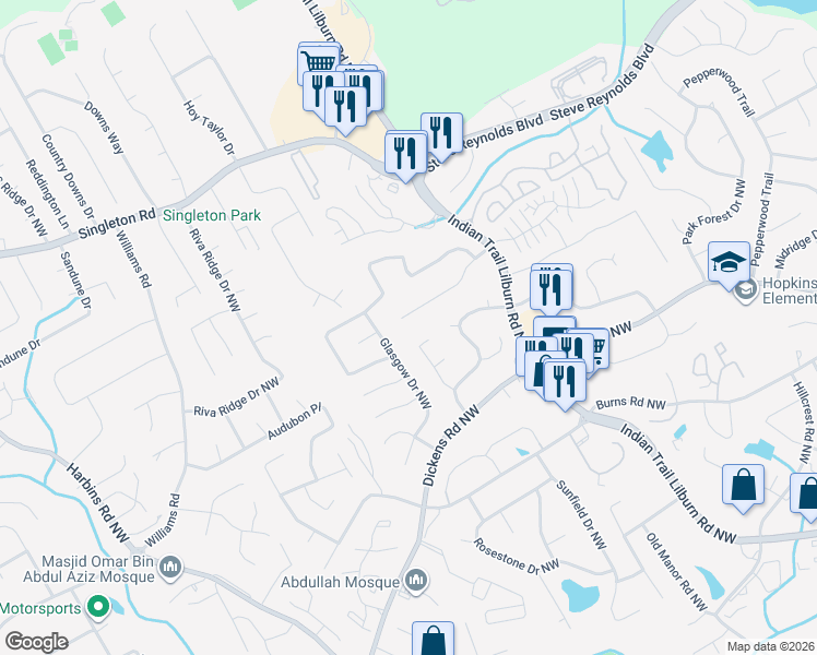 map of restaurants, bars, coffee shops, grocery stores, and more near 5118 Whitted Way Northwest in Lilburn
