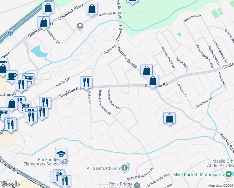 map of restaurants, bars, coffee shops, grocery stores, and more near 5723 Hall Hollow in Norcross