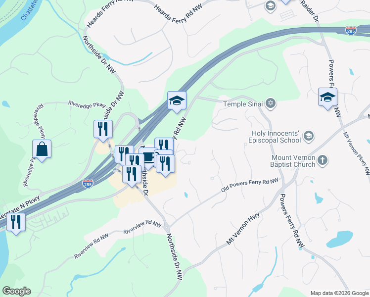 map of restaurants, bars, coffee shops, grocery stores, and more near 109 Brickstone Drive in Atlanta