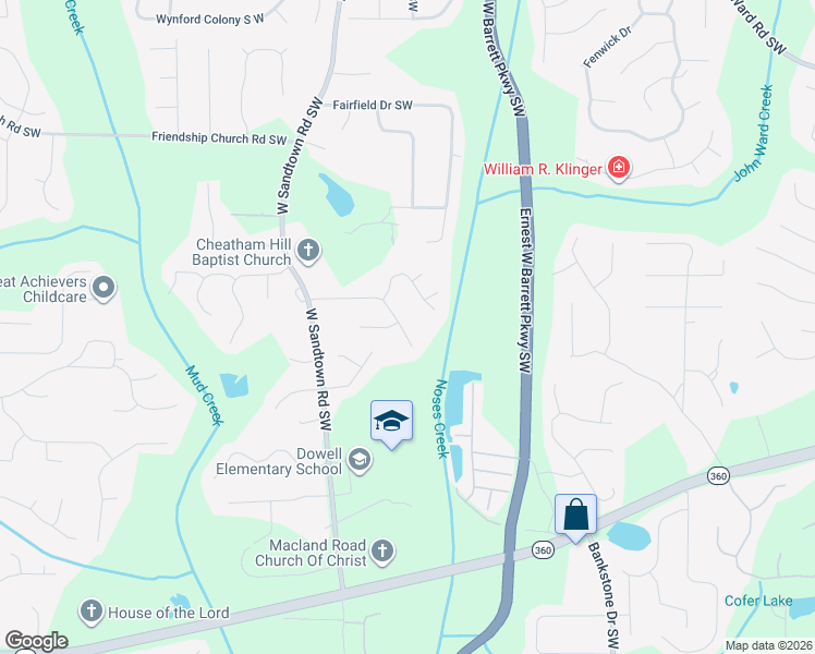 map of restaurants, bars, coffee shops, grocery stores, and more near 1892 Dovonshire Road South West in Marietta
