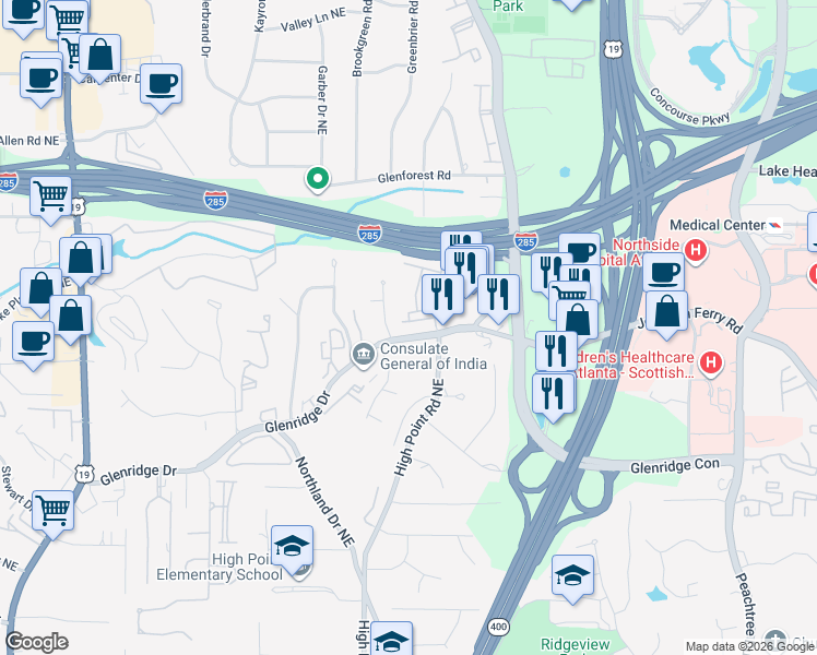 map of restaurants, bars, coffee shops, grocery stores, and more near 655 Lockton Place in Atlanta