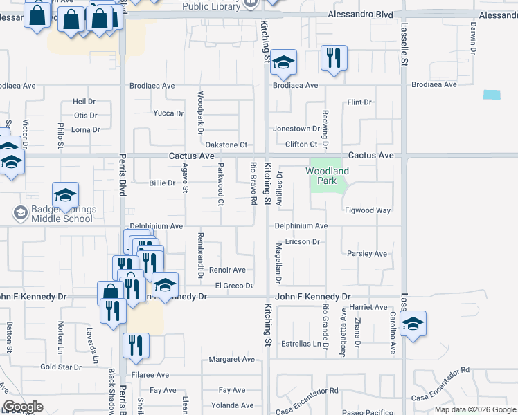 map of restaurants, bars, coffee shops, grocery stores, and more near 14686 Rio Bravo Road in Moreno Valley