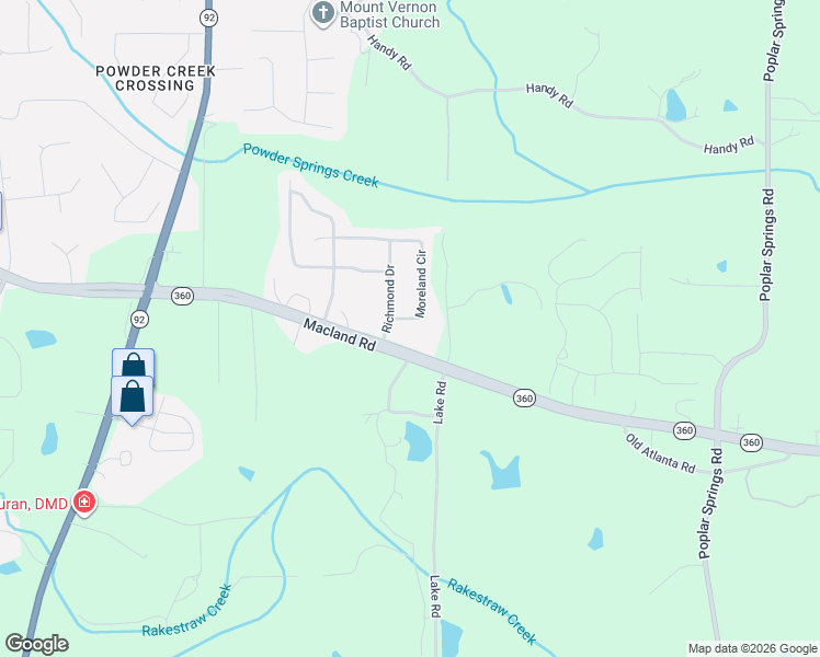 map of restaurants, bars, coffee shops, grocery stores, and more near 44 Moreland Cir in Hiram