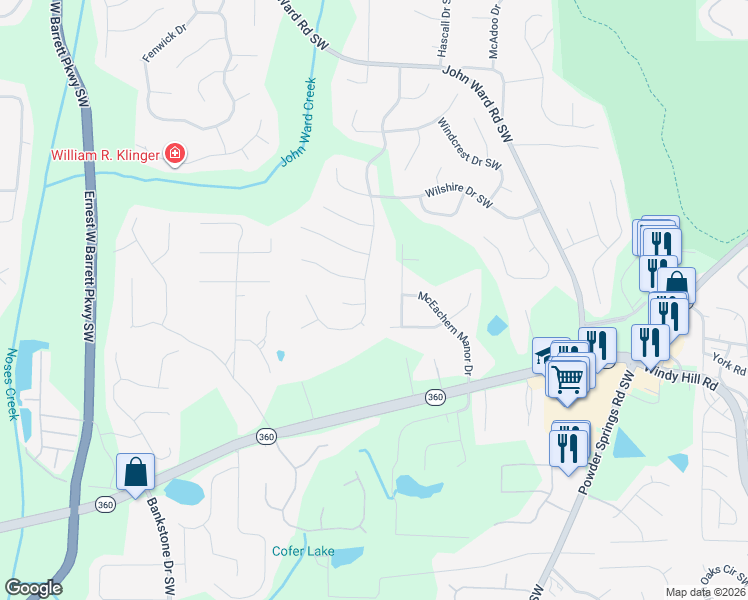 map of restaurants, bars, coffee shops, grocery stores, and more near 1809 Walker Ridge Drive Southwest in Marietta