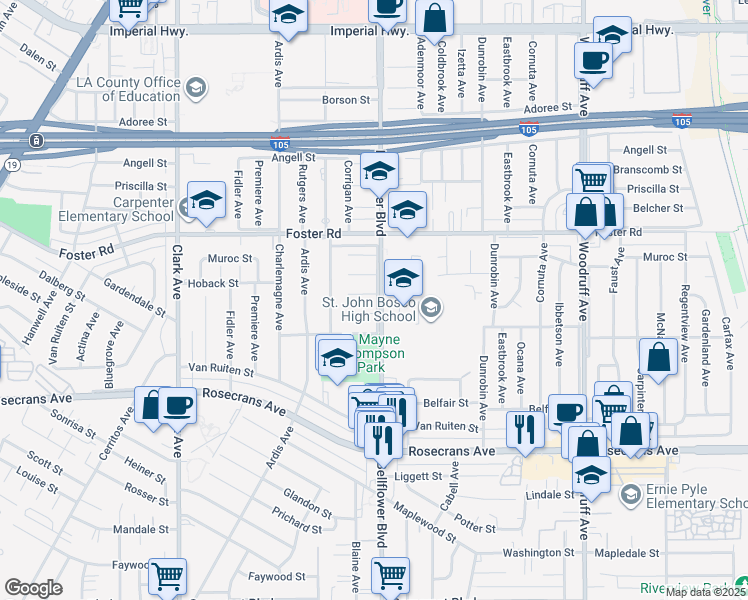 map of restaurants, bars, coffee shops, grocery stores, and more near 13688 Bellflower Boulevard in Bellflower