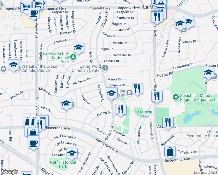 map of restaurants, bars, coffee shops, grocery stores, and more near 13632 Biola Avenue in La Mirada