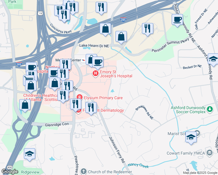 map of restaurants, bars, coffee shops, grocery stores, and more near 1196 Old Johnson Ferry Road Northeast in Atlanta