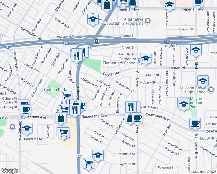 map of restaurants, bars, coffee shops, grocery stores, and more near 137 Birkhall Avenue in Bellflower