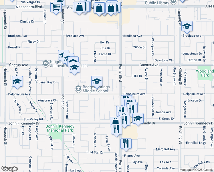 map of restaurants, bars, coffee shops, grocery stores, and more near in Moreno Valley