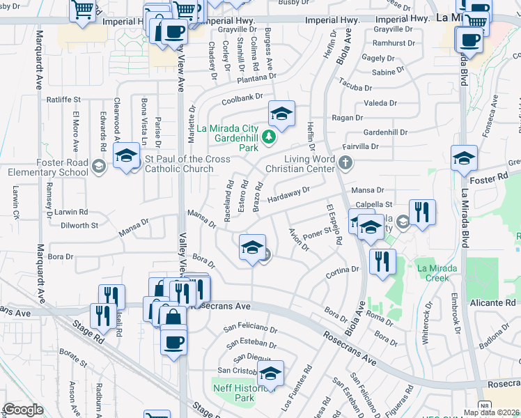 map of restaurants, bars, coffee shops, grocery stores, and more near 13518 Brazo Road in La Mirada