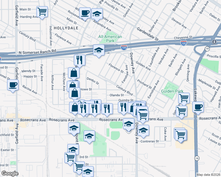 map of restaurants, bars, coffee shops, grocery stores, and more near 8223 Howe Street in Paramount