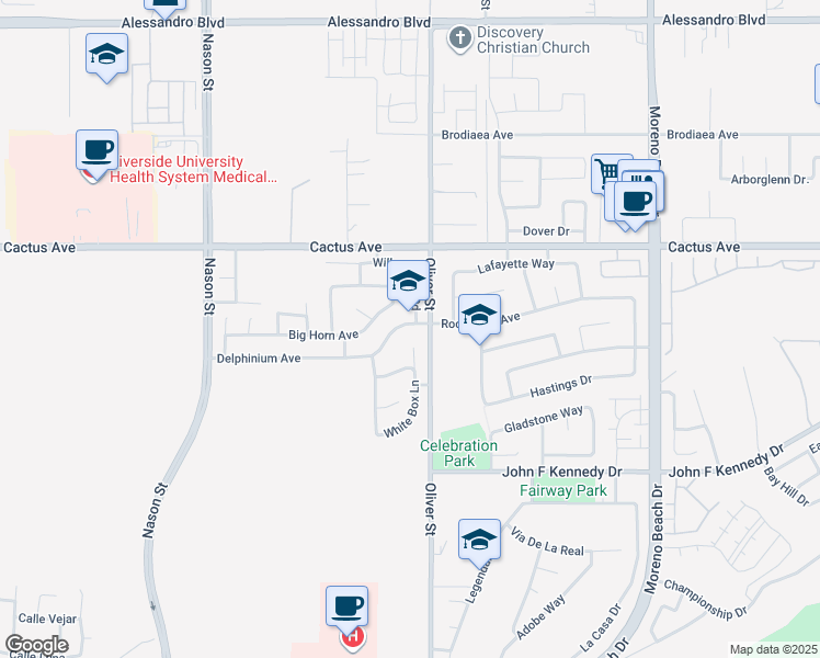 map of restaurants, bars, coffee shops, grocery stores, and more near 27467 Delphinium Avenue in Moreno Valley