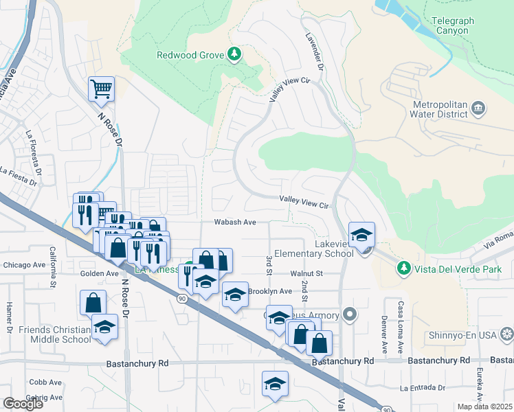 map of restaurants, bars, coffee shops, grocery stores, and more near 17181 Fremont Lane in Yorba Linda