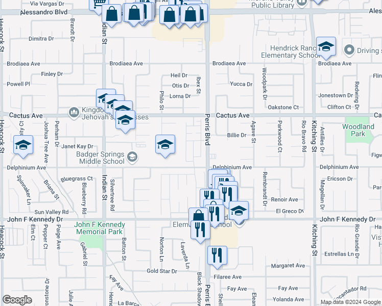 map of restaurants, bars, coffee shops, grocery stores, and more near in Moreno Valley