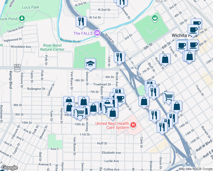 map of restaurants, bars, coffee shops, grocery stores, and more near 1717 Trueheart Street in Wichita Falls
