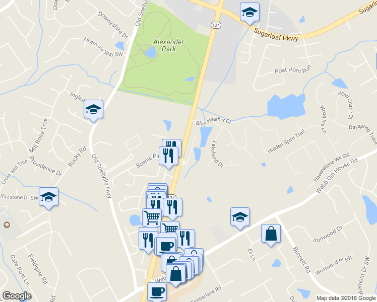 map of restaurants, bars, coffee shops, grocery stores, and more near 1193 Grassy Oat Lane Southwest in Lawrenceville