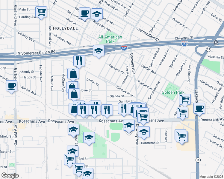 map of restaurants, bars, coffee shops, grocery stores, and more near 8223 Howe Street in Paramount